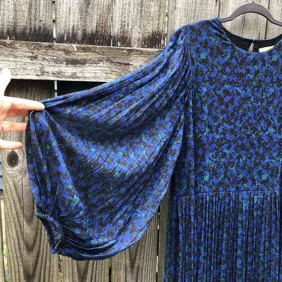 Boden Midi Dress Size 20 Blue Floral Watercolor Long Balloon Sleeve Pleated - Picture 7 of 16